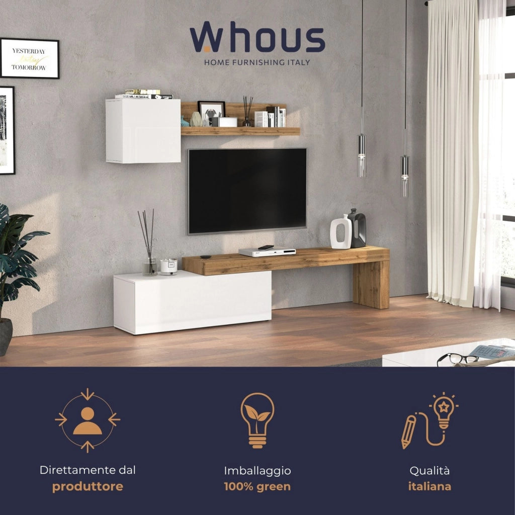 WHOUS Parete attrezzata Chronos set soggiorno bianco Lucido e rovere 180/290x40 cm