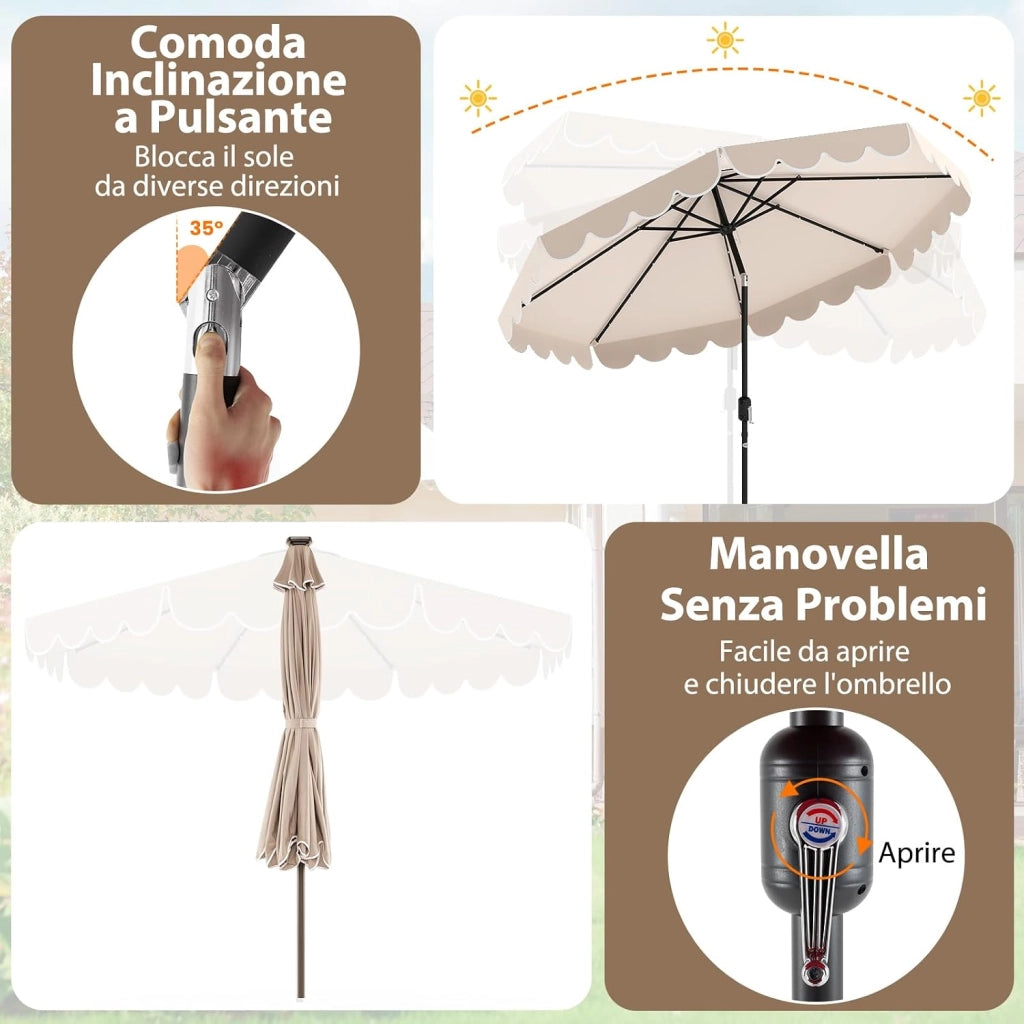Ombrellone da Giardino 300 cm, con 24 Luci LED Solari, Inclinazione Regolabile, Manovella, 8 Stecche, Anti-UV, Top Ventilato, Idrorepellente, Giardino Piscina Patio (Beige)