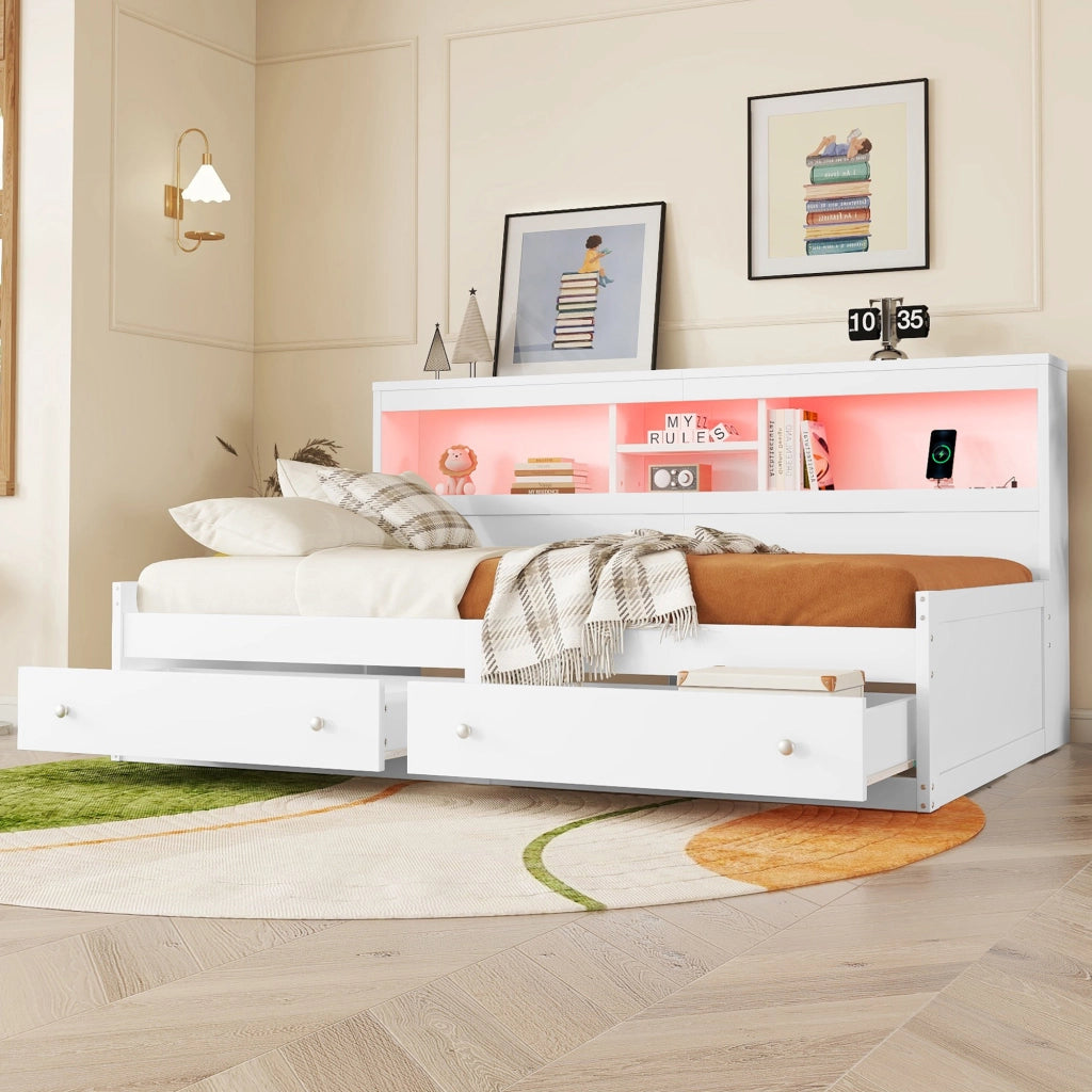 Letto singolo 90×200 cm con 2 cassetti; LED; 2 USB; ripiani; senza materasso; truciolare e MDF; bianco