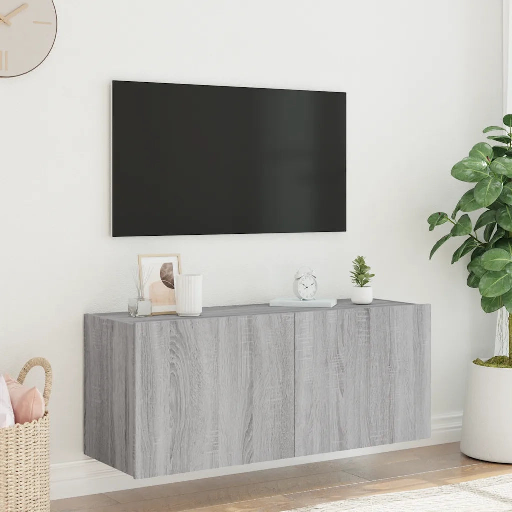 Mobile TV a Parete con Luci LED-Mobile TV a Muro Grigio Sonoma 100x35x41 cm