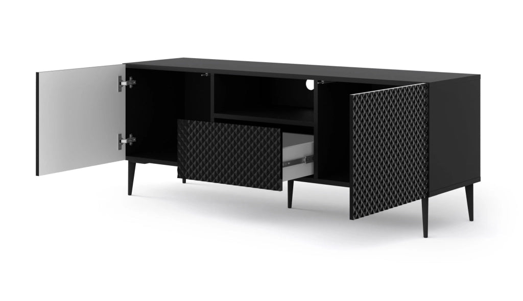 MOBILE RAVENNA PC DIAMOND MDF HG PORTA TV 150 2D1S NERO OPACO NERO LUCIDO GAMBE IN METALLO