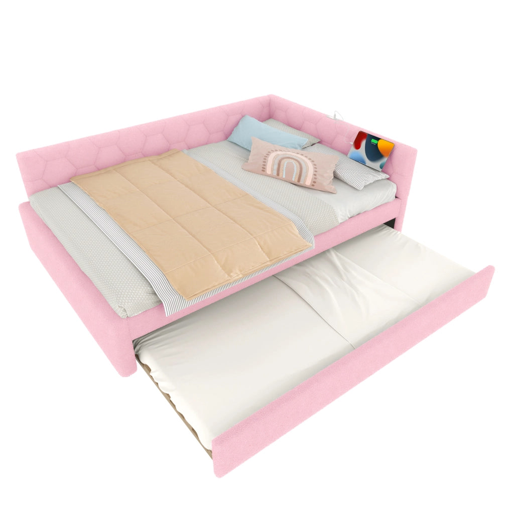 Letto 140x200 cm con letto estraibile; USB e Type-C in velluto rosa