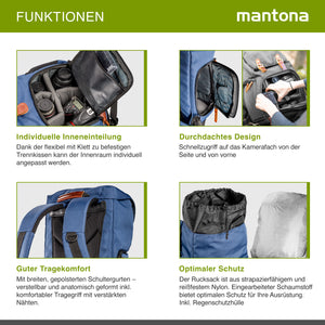 Mantona Luis junior Retro Zaino fotografico blu, per fotocamera con copertura antipioggia, borsa fotografica con scomparto per laptop, DSLR, 3 obiettivi e accessori fotografici