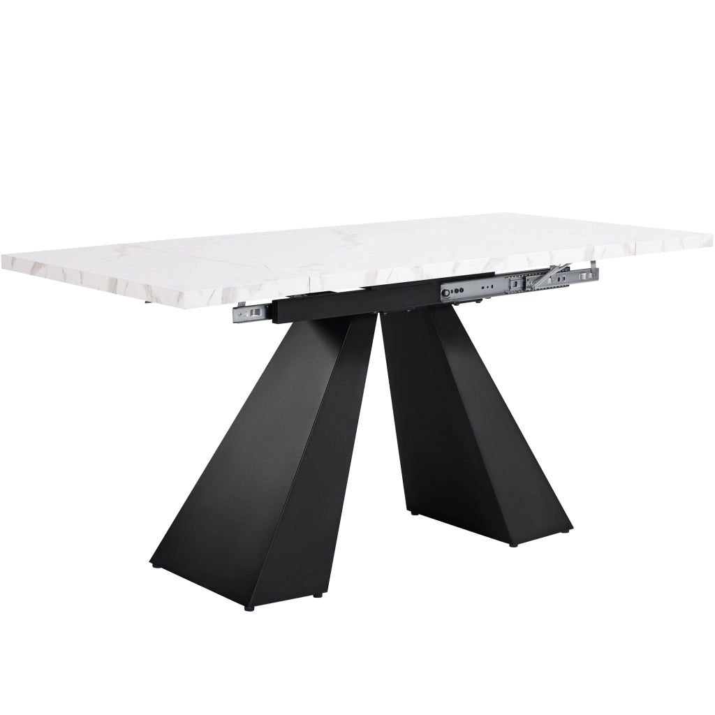 Tavolo allungabile in MDF e metallo con piano effetto marmo, per pranzo e home office, bianco nero, 99-159 × 74 × 77 cm