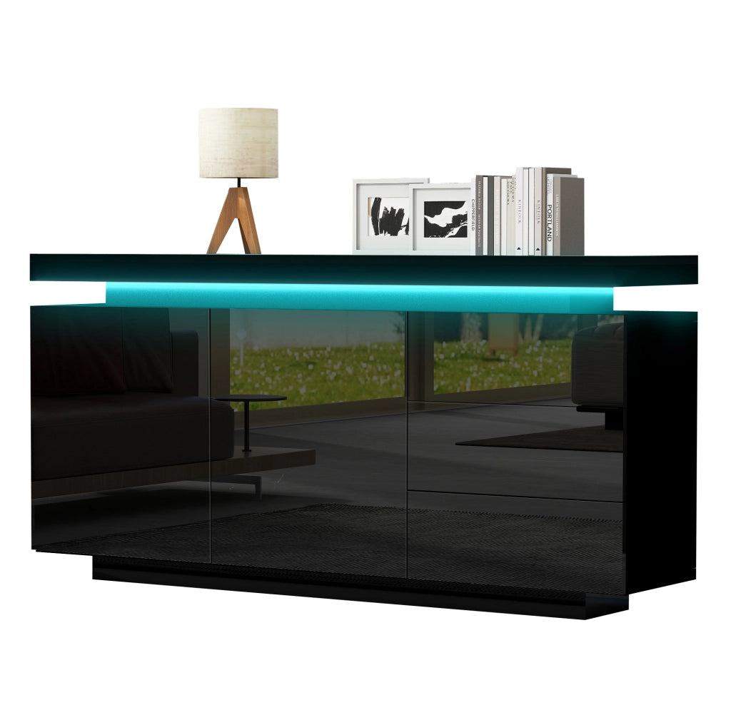 Credenza 140x35x72.5 cm con LED; 2 ante e 3 cassetti; pannello truciolare nero