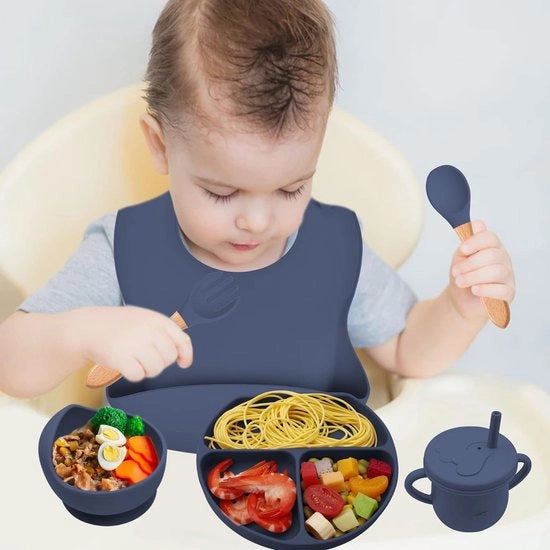 Tavolo per Bambini con Supporto Antiscivolo in Silicone, Set di 8 Porzioni, Piatto per Bambini Antiscivolo, Set di Piatti e Cucchiai per Bambini BPA Libero, Adatto a Bambini di Entrambi i Sexi, Blu