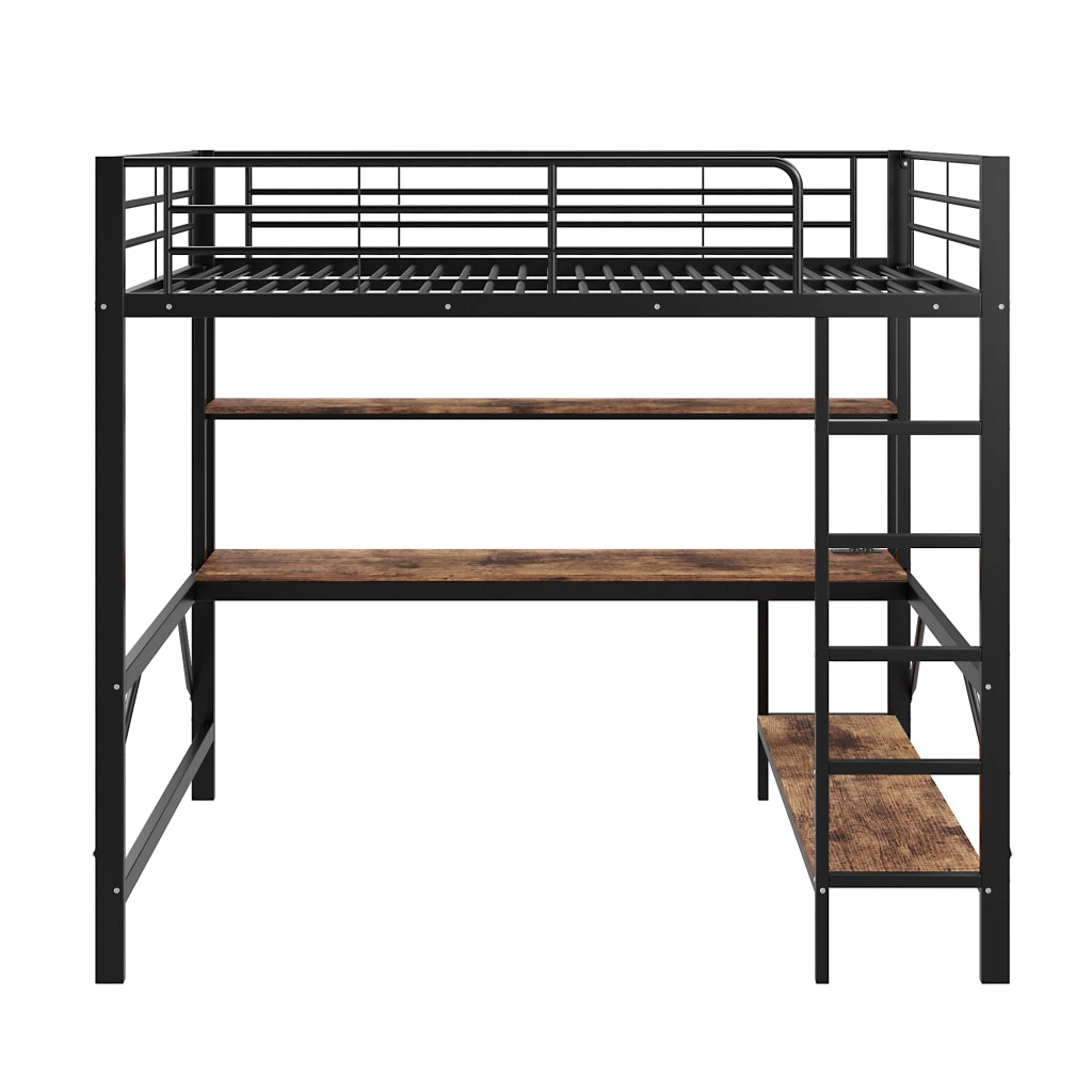 Letto a soppalco 140 x 200 cm con scrivania; scaffali; LED e USB; in metallo e MDF nero