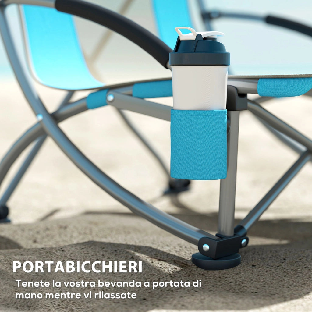 Set 2 Sedie da Spiaggia e Campeggio in Tessuto Pieghevoli con Braccioli con Borsa di Trasporto Blu
