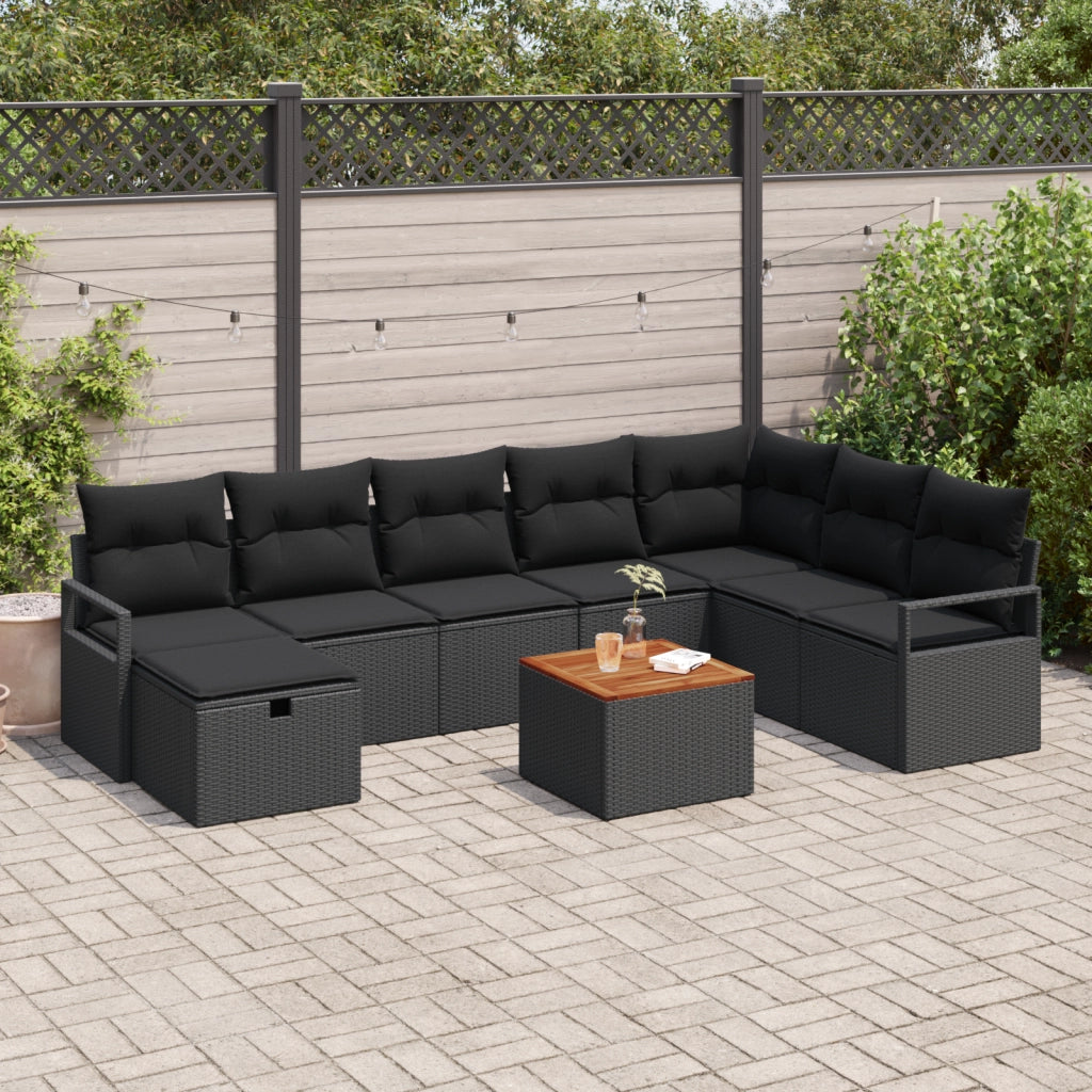 Set di Divani da Giardino  9 Pezzi con Cuscini Nero Polyrattan