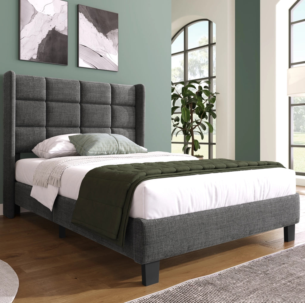 Letto imbottito singolo 90x200 cm con rete e materasso in tessuto grigio