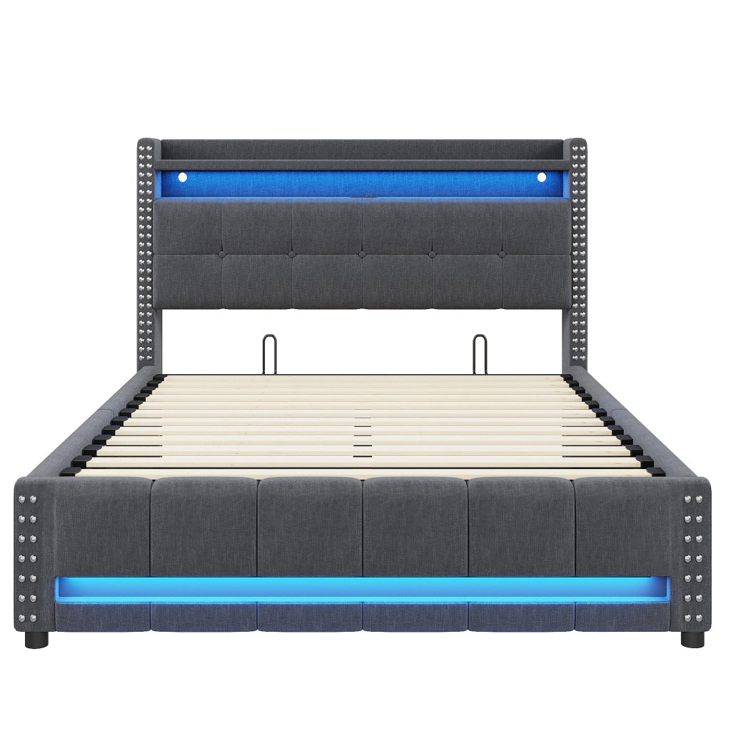 Letto imbottito grigio 160 x 200 cm con LED, USB e contenitore