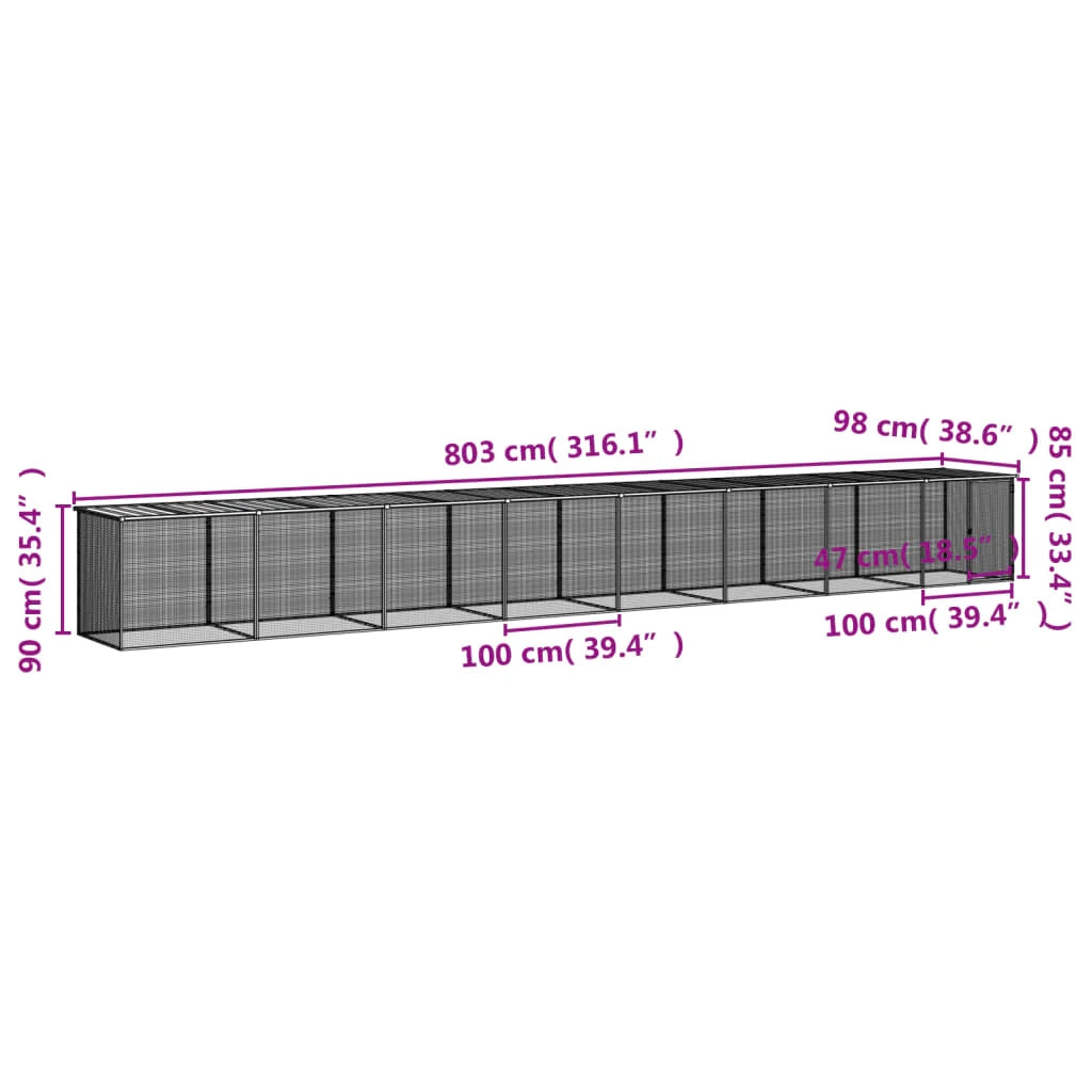 Recinto per pollaio con gabbia per polli con tetto leggero 803 x 98 x 90 cm in acciaio zincato grigio 02_0043989