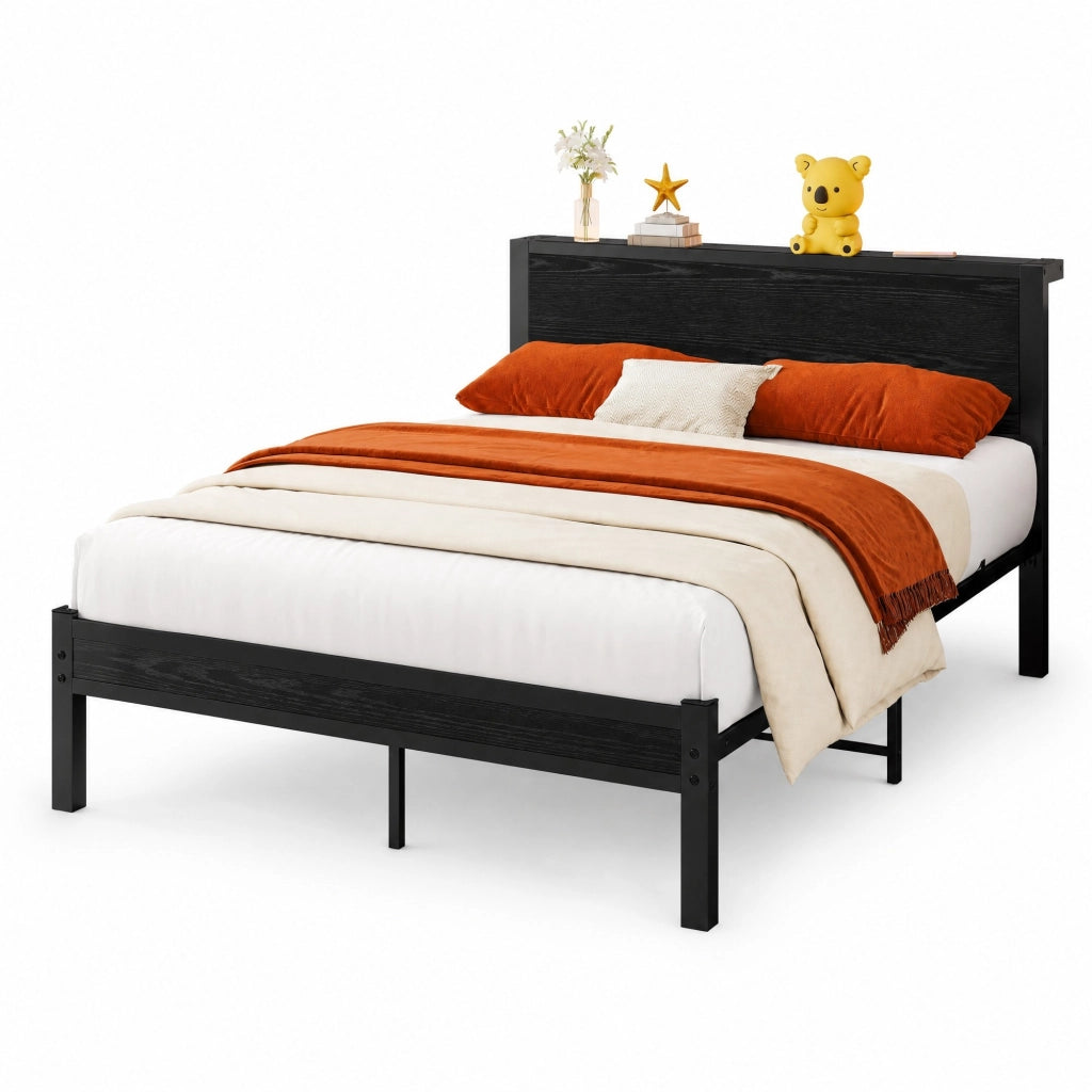 Letto singolo 120x200 cm con struttura in metallo e testiera con spazio contenitore, nero