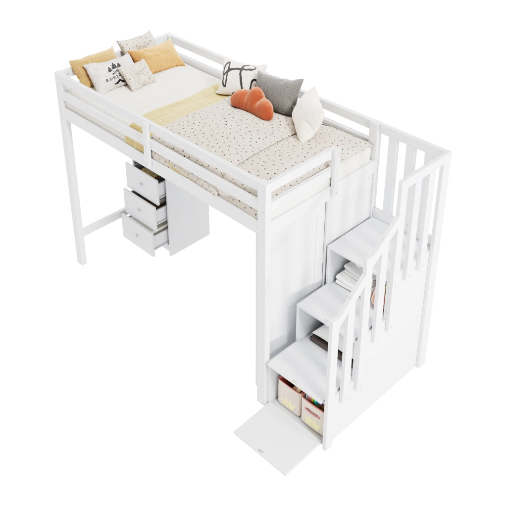 Letto a soppalco multifunzionale 90x200 cm con scrivania, armadio e cassetti, bianco