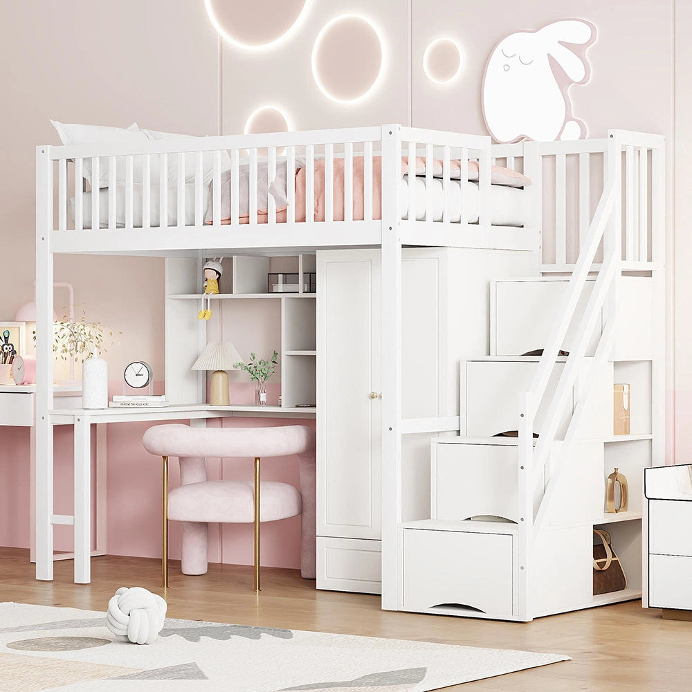 Letto a Soppalco Multifunzione – Xylo – 90x200cm, Legno Bianco, Grande Armadio, Scaffale, Tavolo, Scala, Ripostiglio