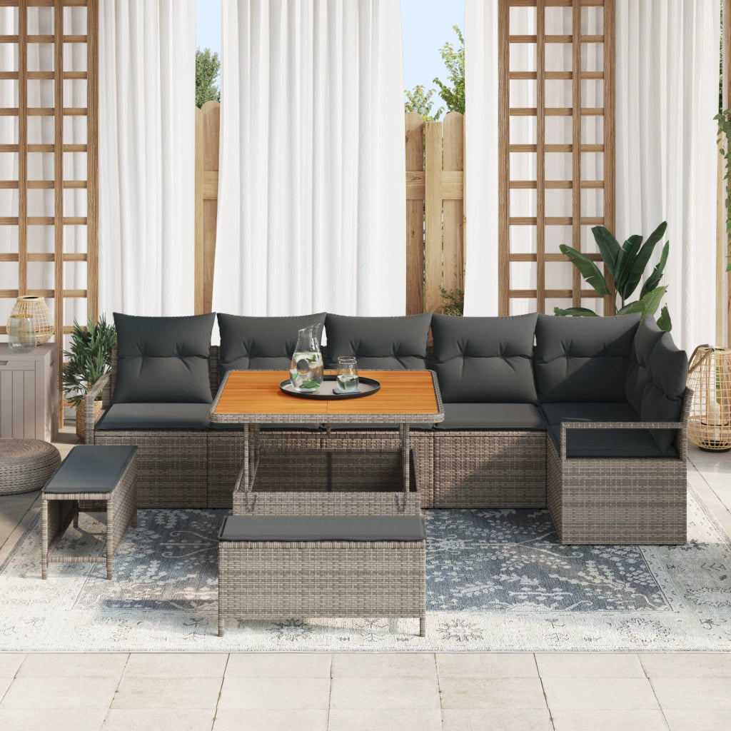 Set divani giardino  9 pezzi con cuscini grigi in polyrattan e acacia