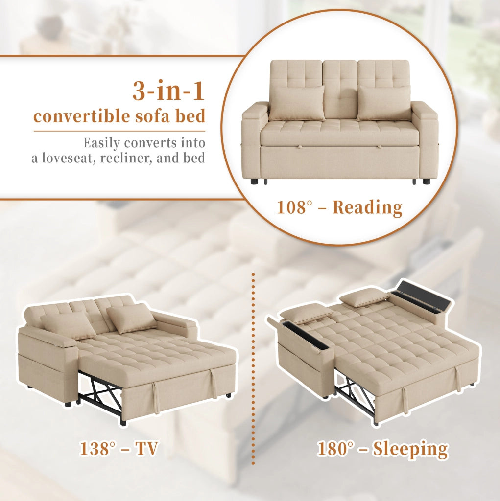 Divano letto 2 posti estraibile con schienale regolabile e vani portaoggetti; beige