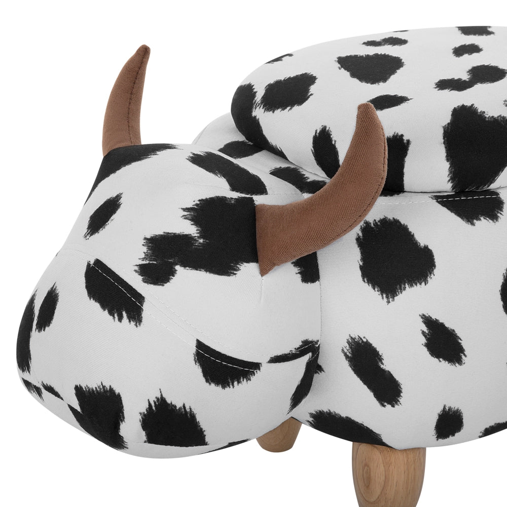 Sgabello per bambini Animale Mucca con contenitore Poggiapiedi per bambini in finta pelle nera e bianca con gambe in legno