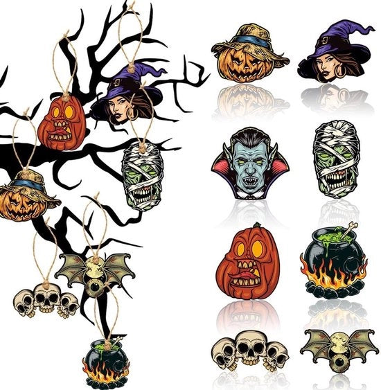 Decorazioni per Halloween - Ornamenti con Testa di Strega e Pipistrelli - Ideali per Halloween - Decorazione per la Casa - Ciao da Halloween - Adatto per Feste e Ricorrenze - Codice: 12345 - Modello: SC-001 - Materiale: Plastica - Dimensioni: 10x15 cm