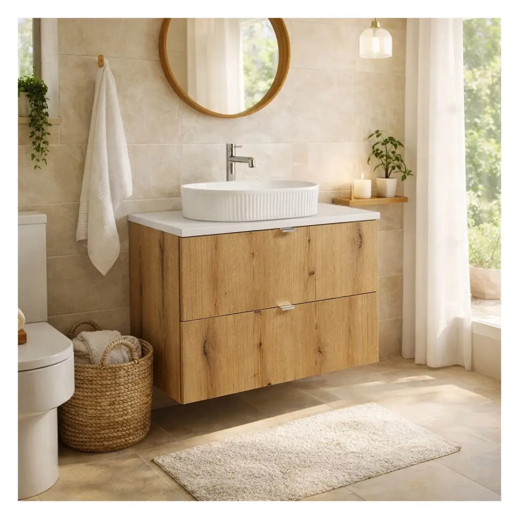 Set da bagno sospeso VANO in rovere e bianco 80cm: mobili sottolavabo con cassetti + piano per lavabo