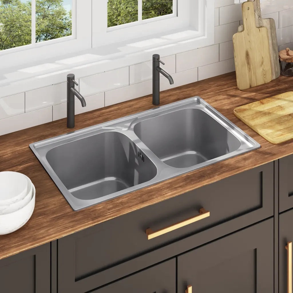 Lavello da Cucina Doppio con Filtro e Sifone-Lavandino-Lavabo in Acciaio Inox 396707