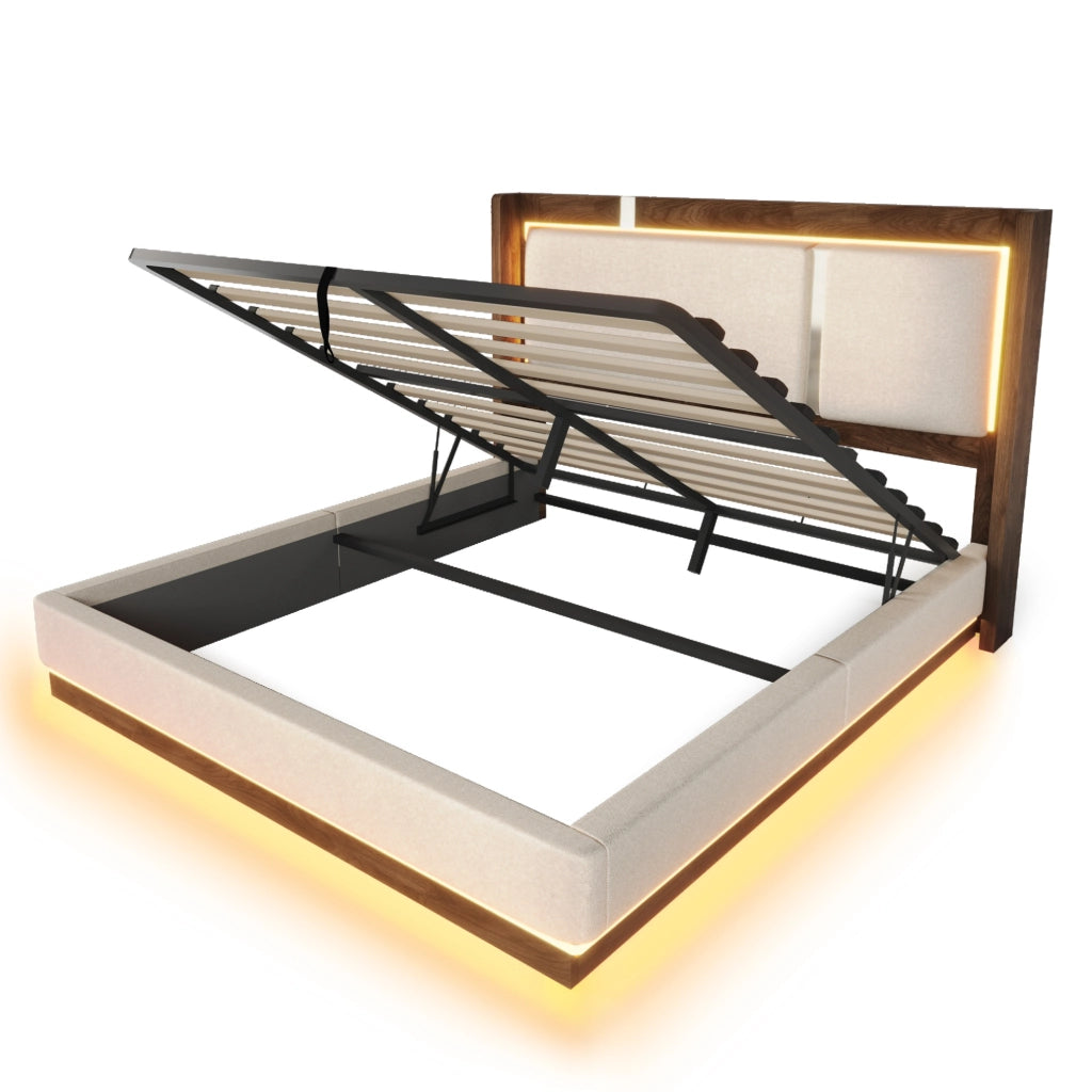 Letto matrimoniale 140x200 cm con contenitore; LED e testiera imbottita in lino beige e noce