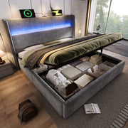 Letto matrimoniale 160x200 cm con testiera alta; LED; contenitore e porte USB Type-C; grigio
