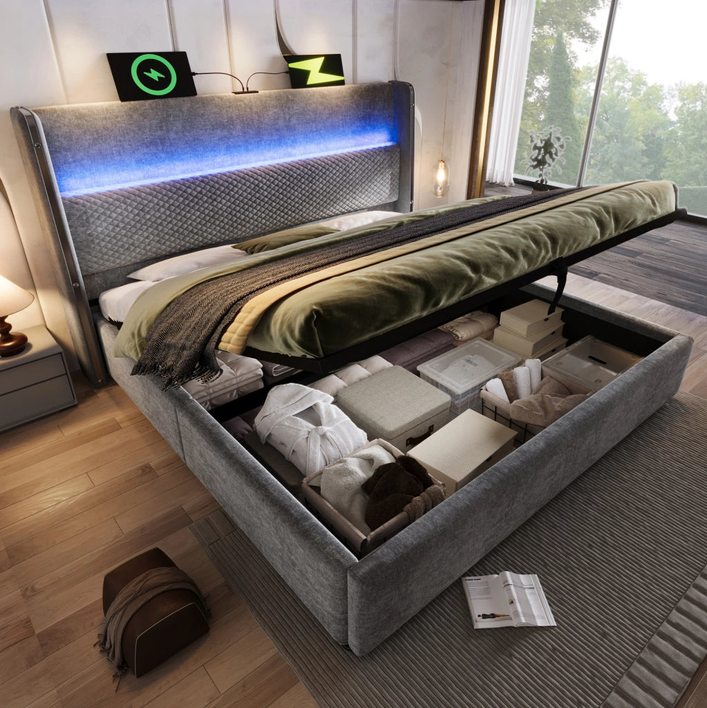 Letto matrimoniale 160x200 cm con testiera alta; LED; contenitore e porte USB Type-C; grigio