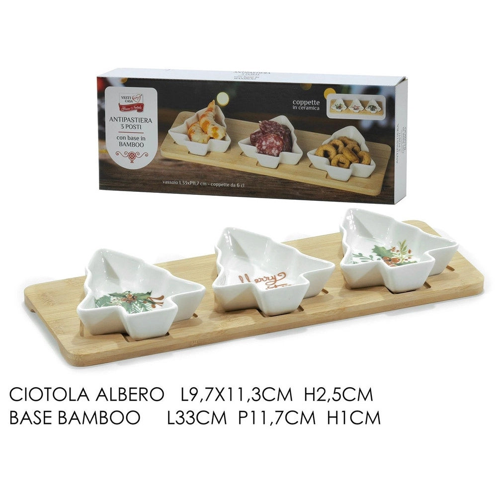 Trade Shop - Antipastiera Elegante 3 Posti Con Ciotole In Ceramica Forma Albero Natale Base In Bambù -