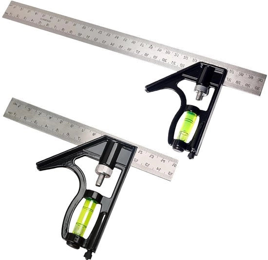 Set di combinazione angolari 150 mm & 300 mm: angolo universale con livella e scalpello da taglio - Angoli universali di combinazione professionale con righello - Attrezzo di alta qualità per misurazioni precise