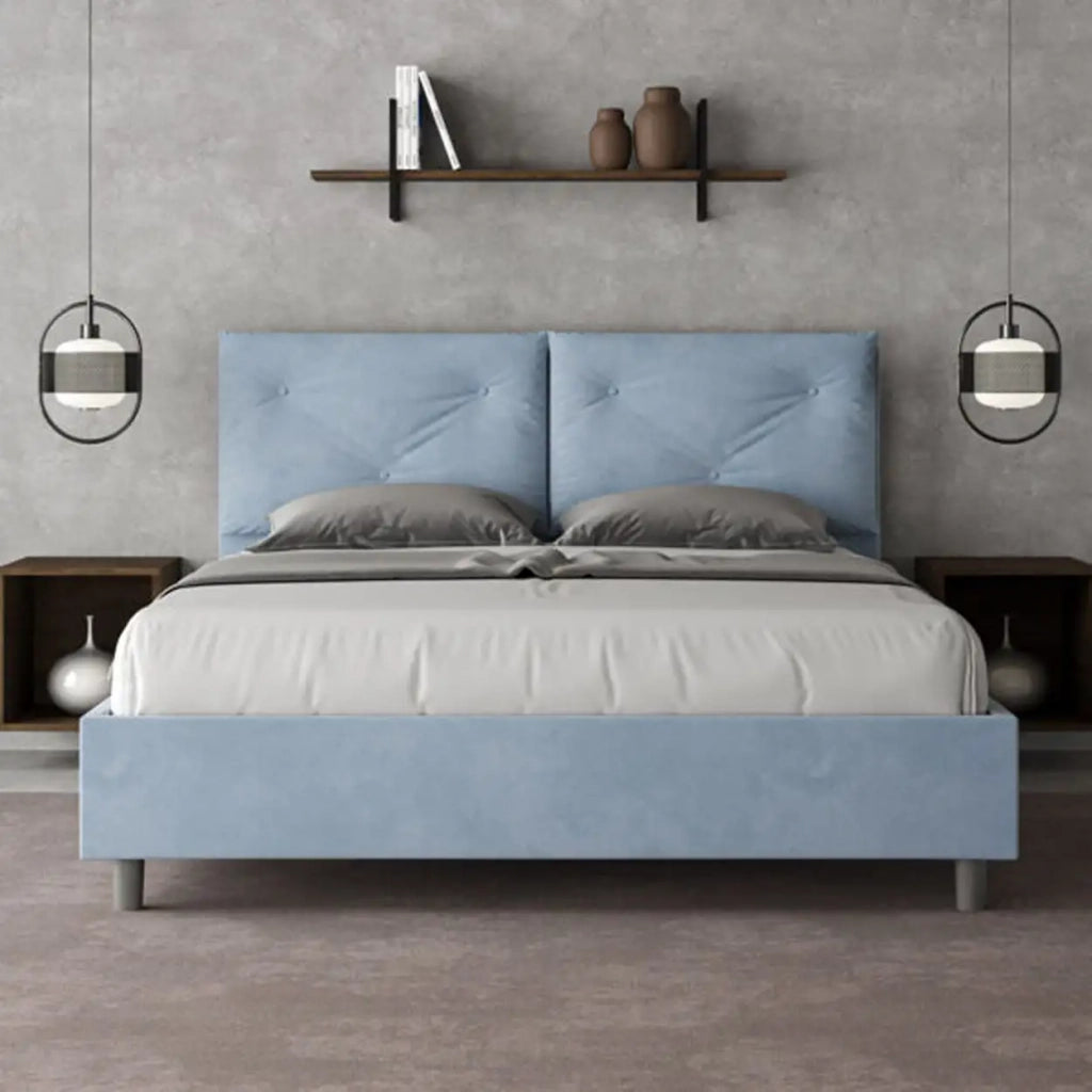 Letto matrimoniale contenitore imbottito 160x210 microfibra azzurro Appia