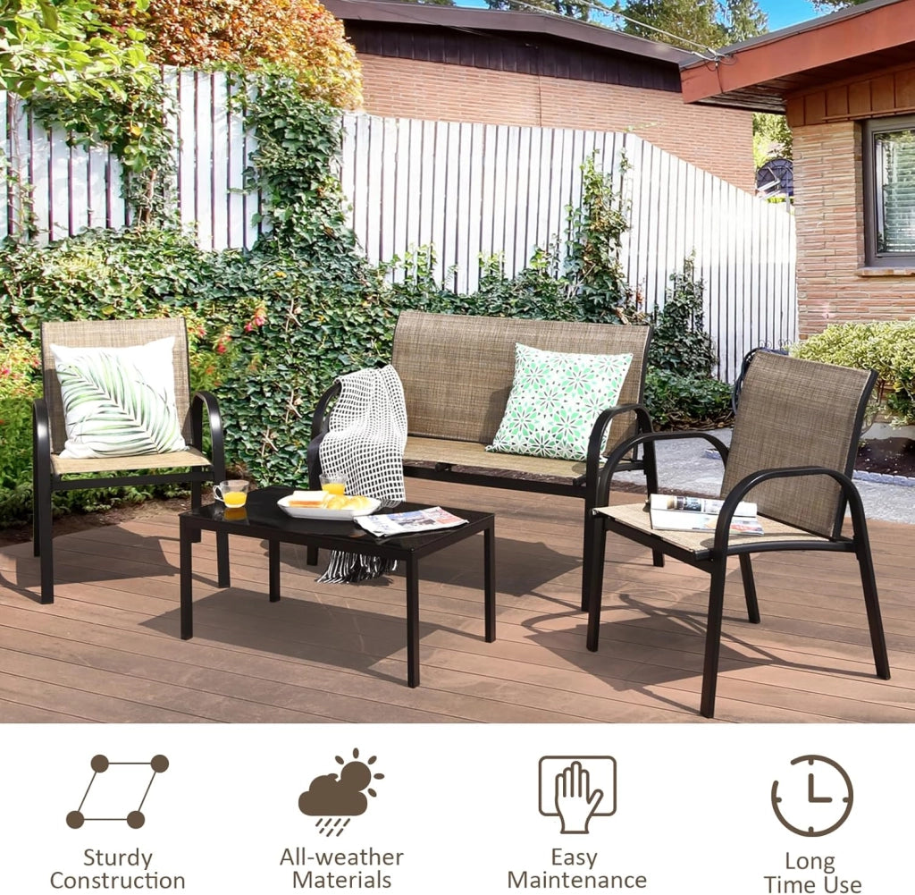 Set di 4 mobili da giardino per 4 persone, set da giardino con 2 sedie e 1 panca e 1 tavolino da caffè, set di mobili da terrazza per piscina, cortile (marrone), QF54737IBDE