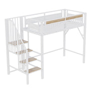 Letto a soppalco singolo 90×200 cm con scala; barriera di sicurezza; spazio contenitore e rete; senza materasso; bianco