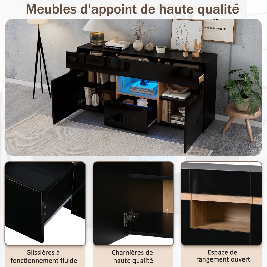 Credenza Soggiorno con LED ¨C Xylo ¨C 4 Cassetti, Legno e Nero Lucido, 140x40x70 cm