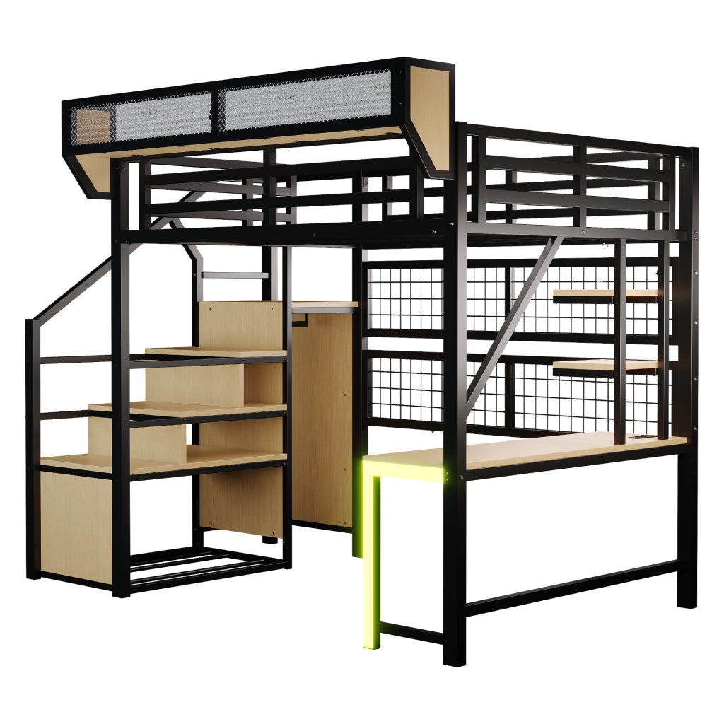 Letto a soppalco 140 × 200 cm con scrivania, ripiani, led e prese, senza materasso, metallo, nero