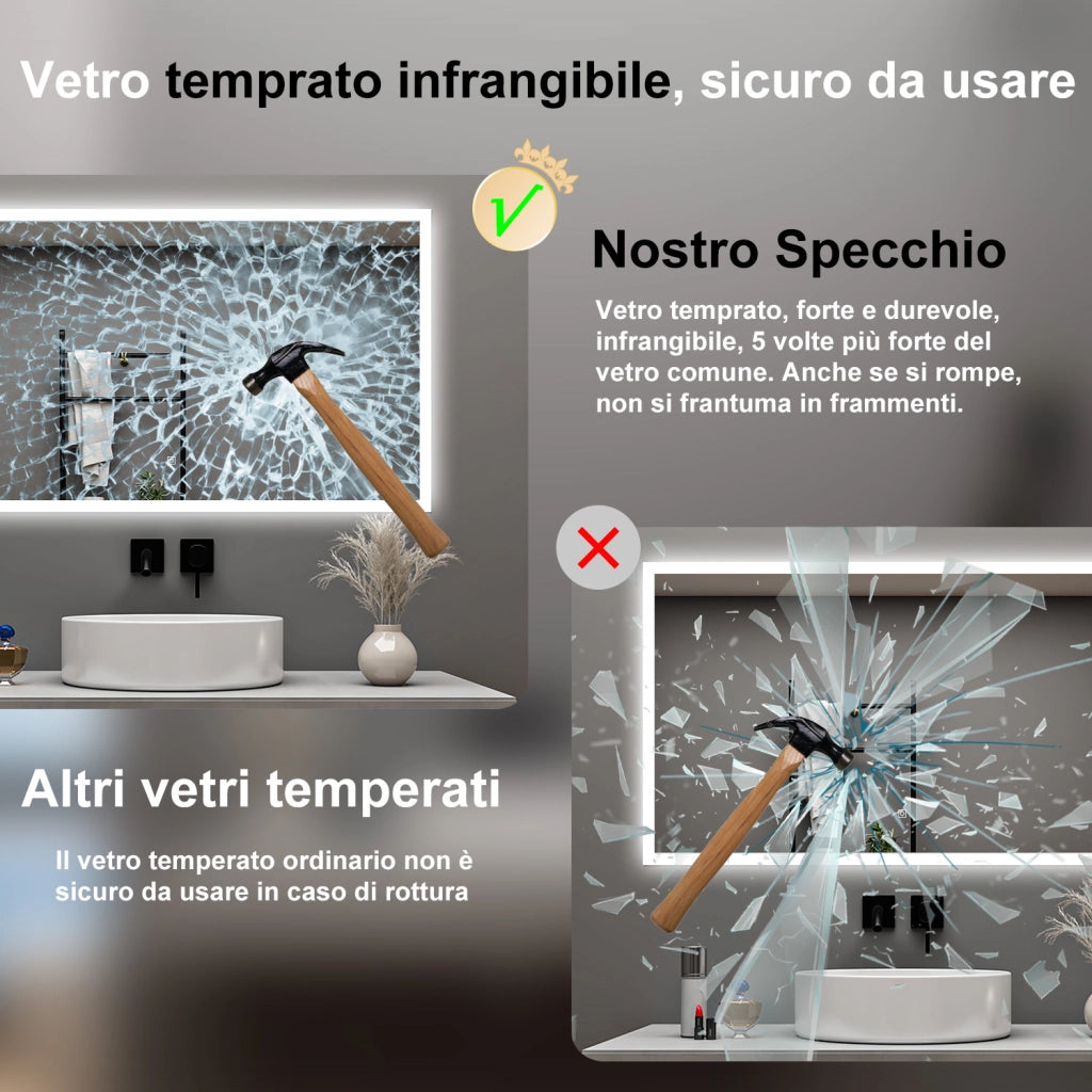 AICA Specchio da bagno  100 x 60 cm, dimmerabile, Funzione Memoria, antiappannamento, 3 colori