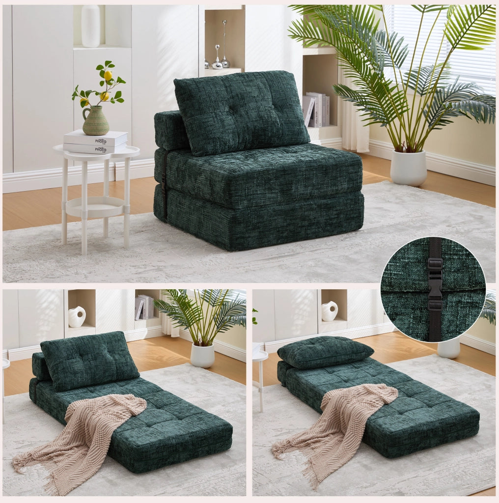 Divano letto pieghevole in ciniglia verde smeraldo con cuscini