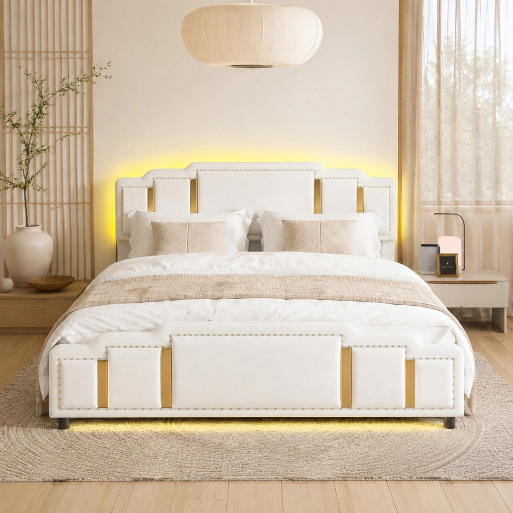 Letto matrimoniale 160x200 cm con cassetti; rivestimento in velluto beige e LED