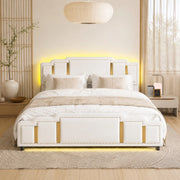 Letto matrimoniale 160x200 cm con cassetti; rivestimento in velluto beige e LED