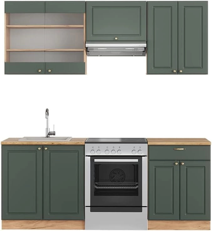Cucina componibile Fame-Line, Quercia verde-oro Country/oro Power, 200 cm, PL Rovere, adatto per l'espansione personalizzata con moduli aggiuntivi