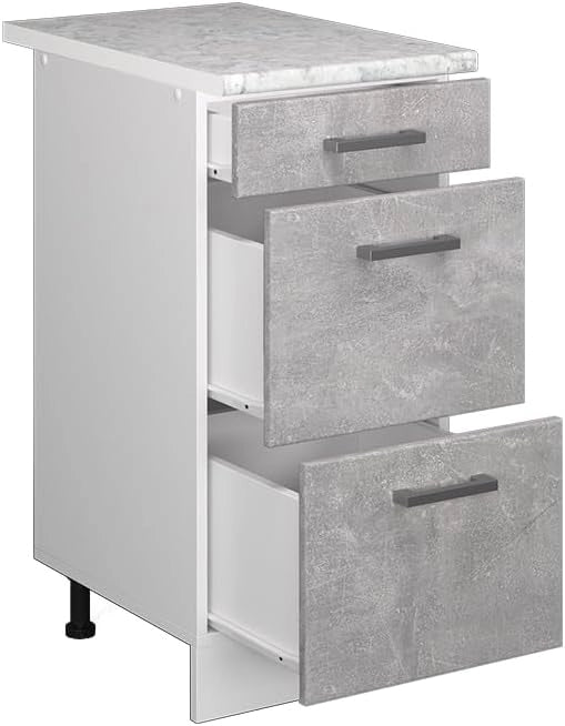 Mobiletto base per cucina R-Line, Calcestruzzo, 40 cm con cassetti PL Marmo, per la libera combinazione all'interno di sistemi cucina modulari
