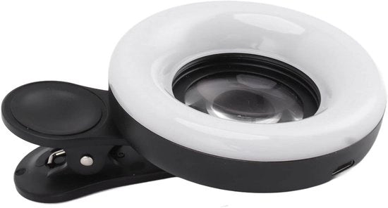 Telefoonringlicht con lente macro 15x, clip mini e caricabile - per registrazioni video - nero