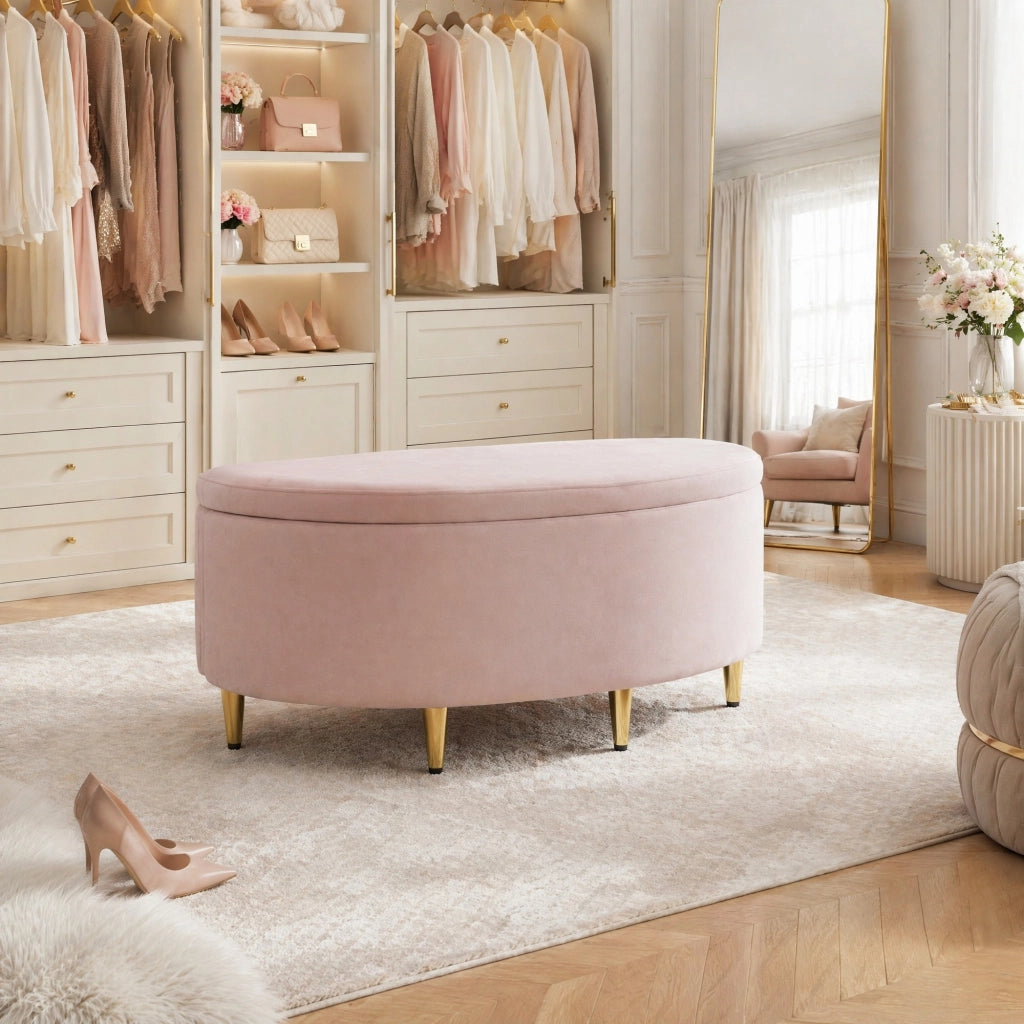 Panca imbottita in velluto con vano contenitore, 90 x 40 x 42 cm, rosa