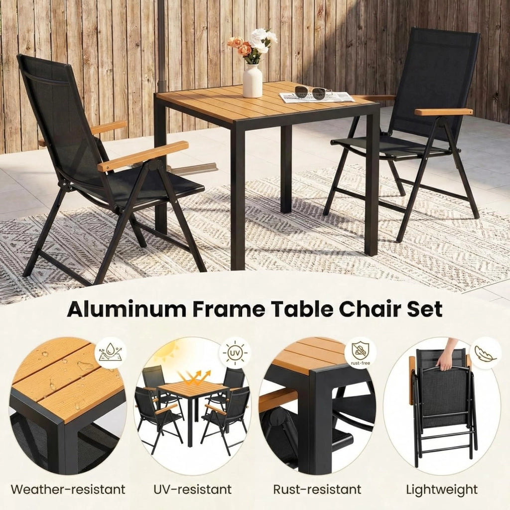 Set di mobili da giardino LIFERUN in alluminio 3 pezzi, set per balcone 2 sedie 1 tavolo, tavolo da giardino WPC + 2 sedie da giardino a schienale alto pieghevoli e resistenti alle intemperie in