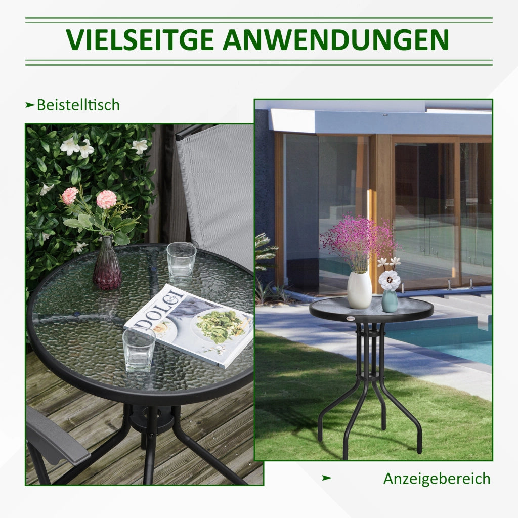 TAVOLO Rotondo per giardino e balcone Ø60xH70 cm Metallo Nero con vetro di sicurezza