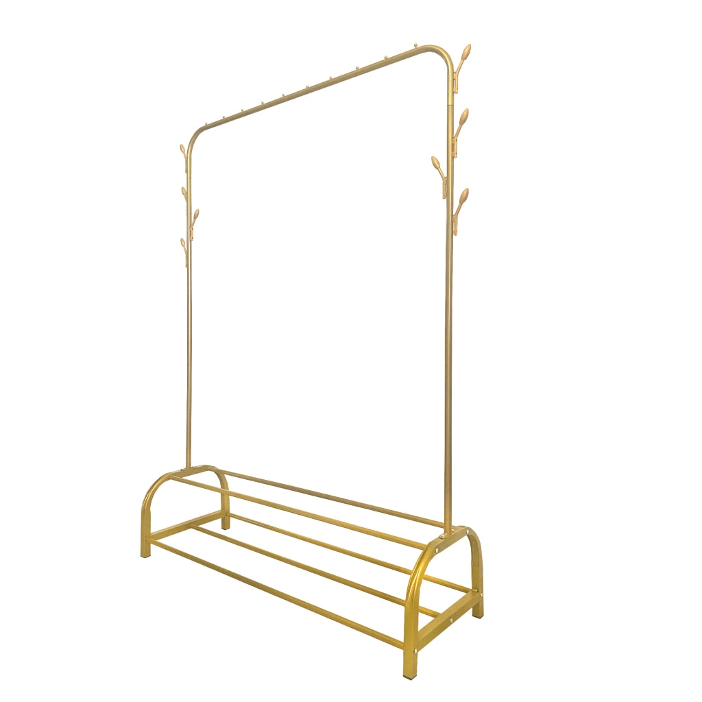 Appendiabiti Donkey Premium Rack a 2 supporti Nyana Home 158x110x39 cm, 1 barra appendiabiti, 8 ganci laterali, 2 ripiani inferiori Oro.