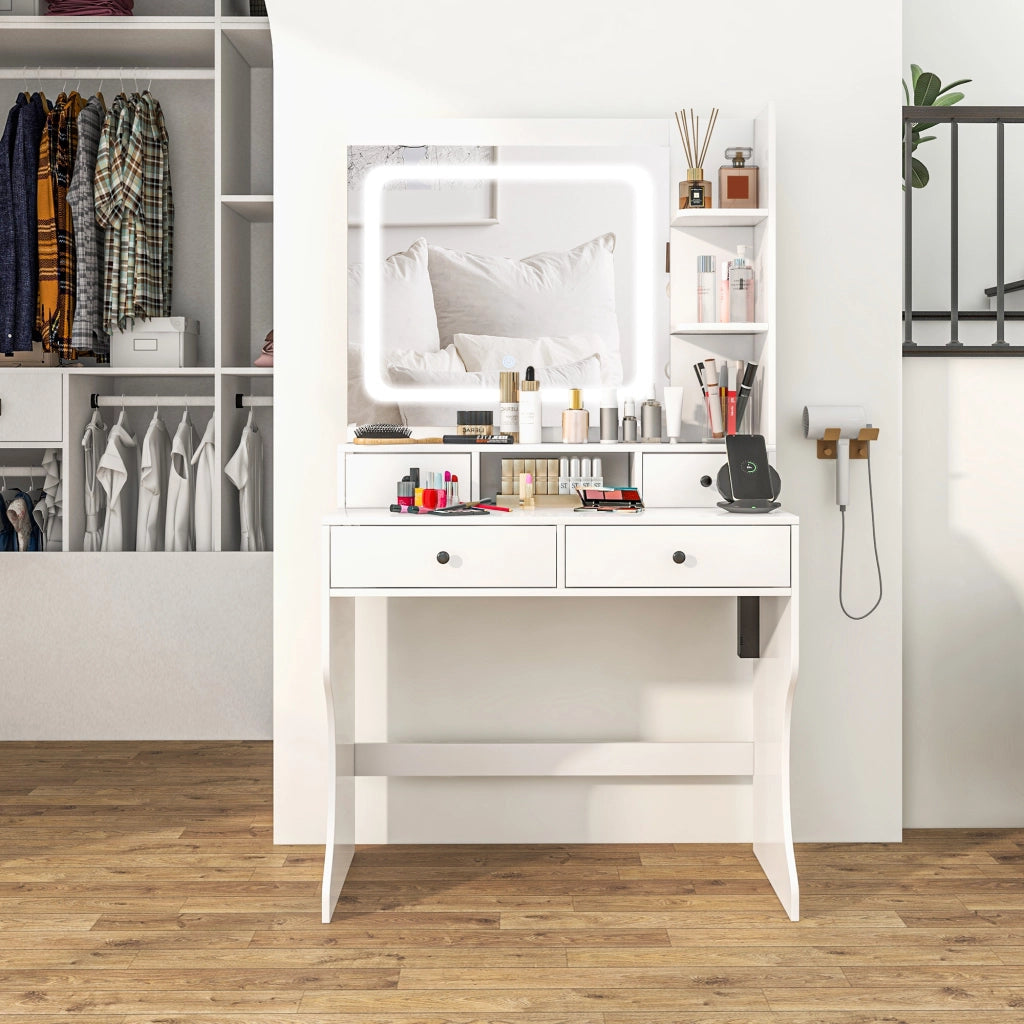 Toeletta Trucco con Luci LED, Specchio, USB, Cassetti e Mensole ¨C zephmum ¨C Bianco, 90x45x160cm