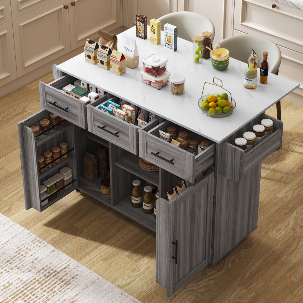 OKWISH Carrello da cucina con 3 cassetti e 3 ante, piano ribaltabile e portasalviette, MDF, 139 x 46 x 91.5 cm