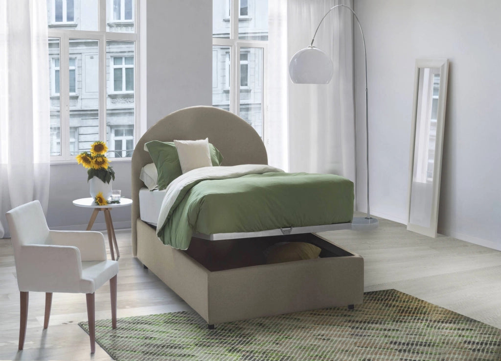 Letto singolo Amantea, Letto contenitore con rivestimento in tessuto, Made in Italy, Apertura frontale, adatto per materasso cm 80x190, Tortora
