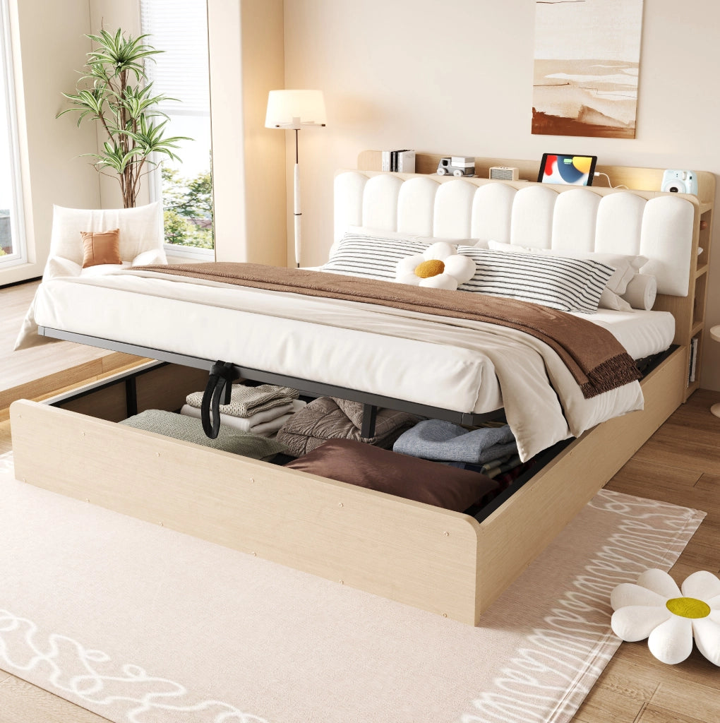 Letto matrimoniale con contenitore 180x200 cm in legno naturale; testiera imbottita beige con USB e luce notte